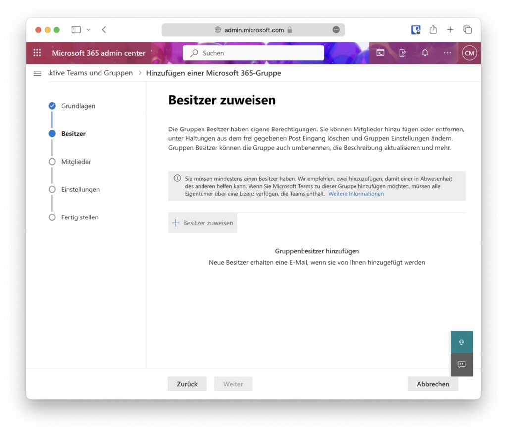 Einer Microsoft 365 Gruppe wird ein Besitzer zugewiesen.