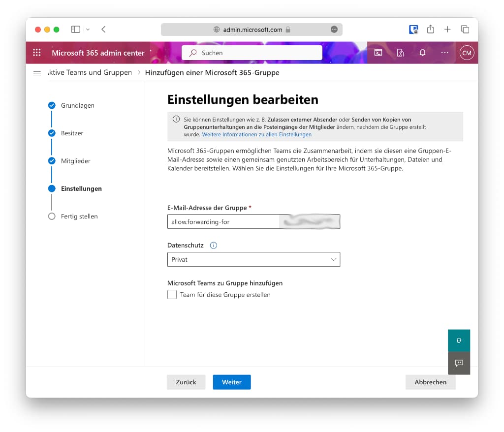 Der Microsoft 365 Gruppe eine E-Mailadresse zuweisen.