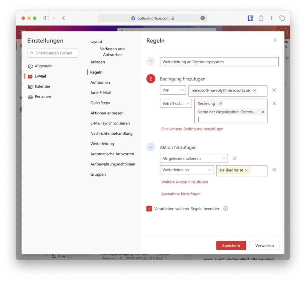 Erstellen einer Weiterleitungsregel im Outlook Web Access.